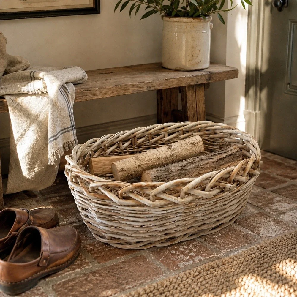 Vintage Wicker Storage Basket Entryway Catch All English Cottage Decor 1980s